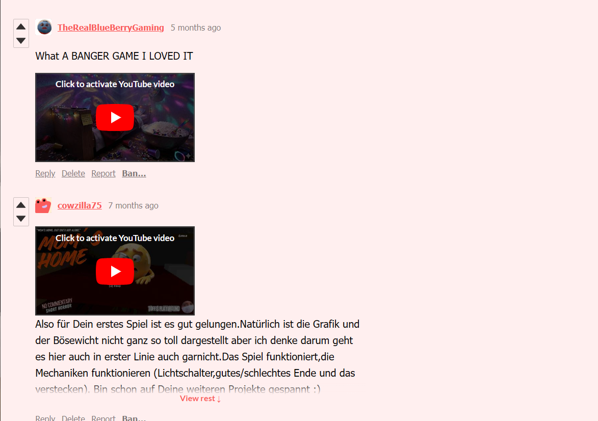 Player comments and gameplay videos shared on the MOM'S HOME itch.io page