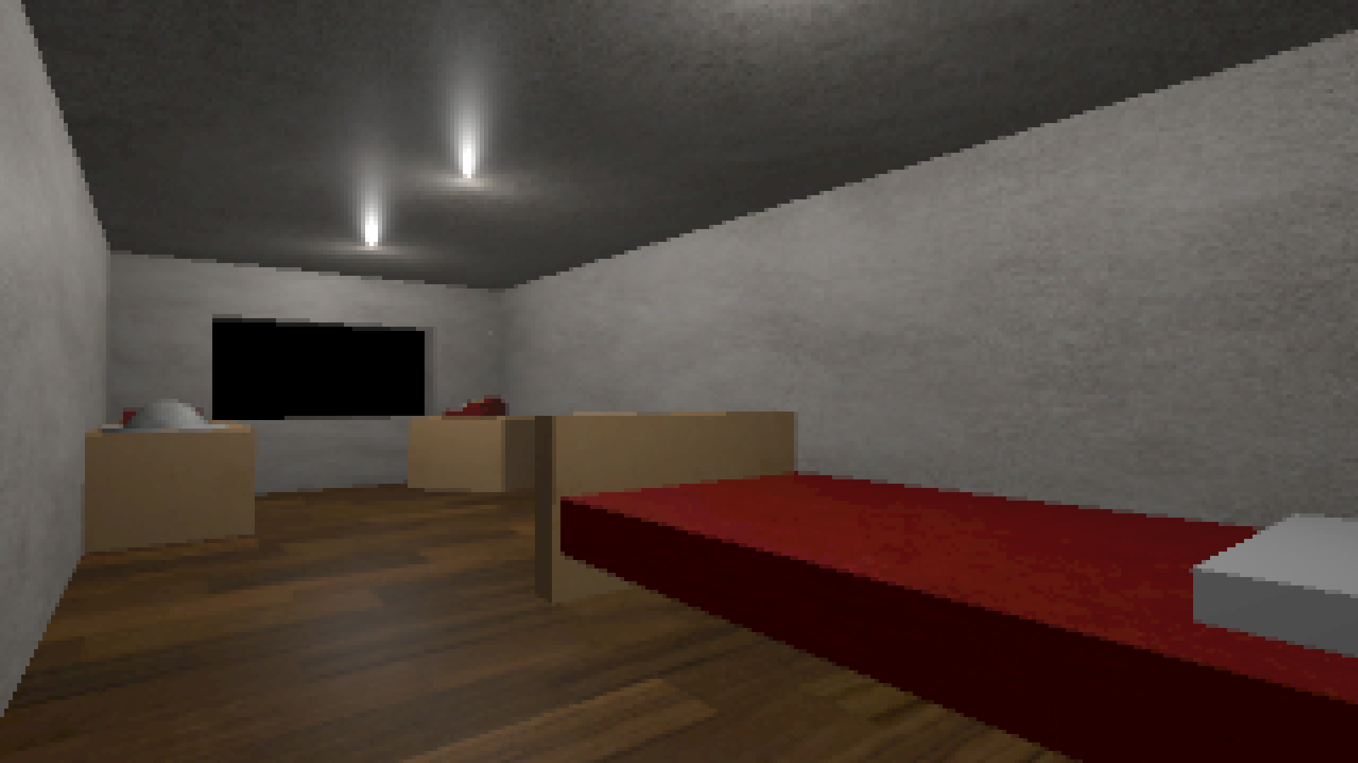 MOM'S HOME gameplay showing a dimly lit room with a red sofa