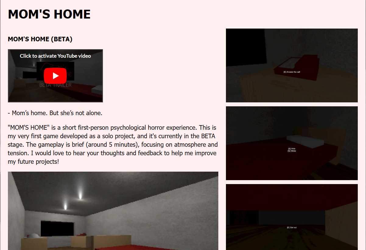 MOM'S HOME itch.io page with game description and gameplay screenshots