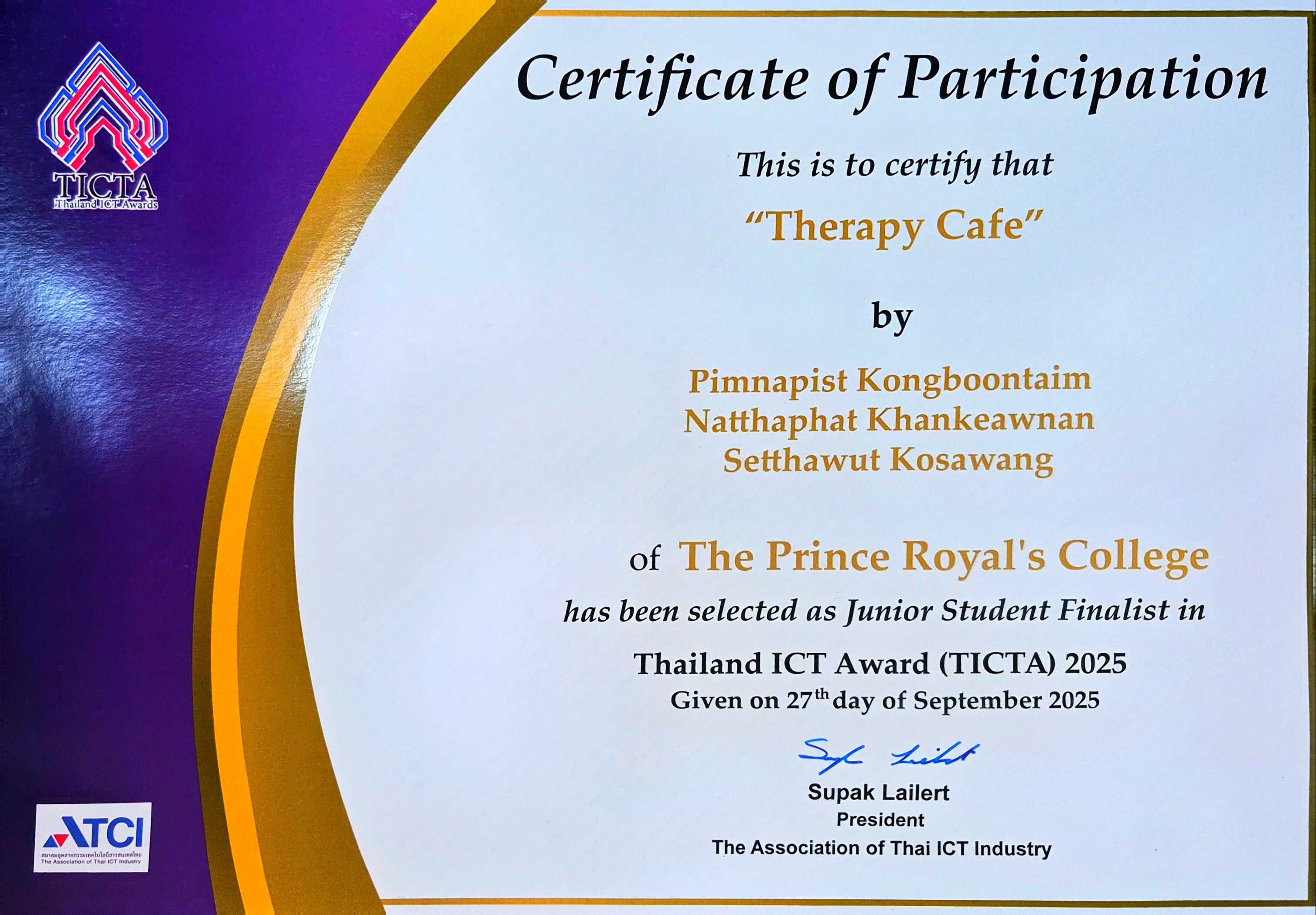 Therapy Cafe Junior Student Finalist certificate, TICTA 2025
